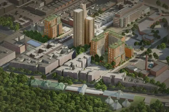 Rendering of the proposed Crown Heights apartment buildings, on either side of the existing Tivoli Towers